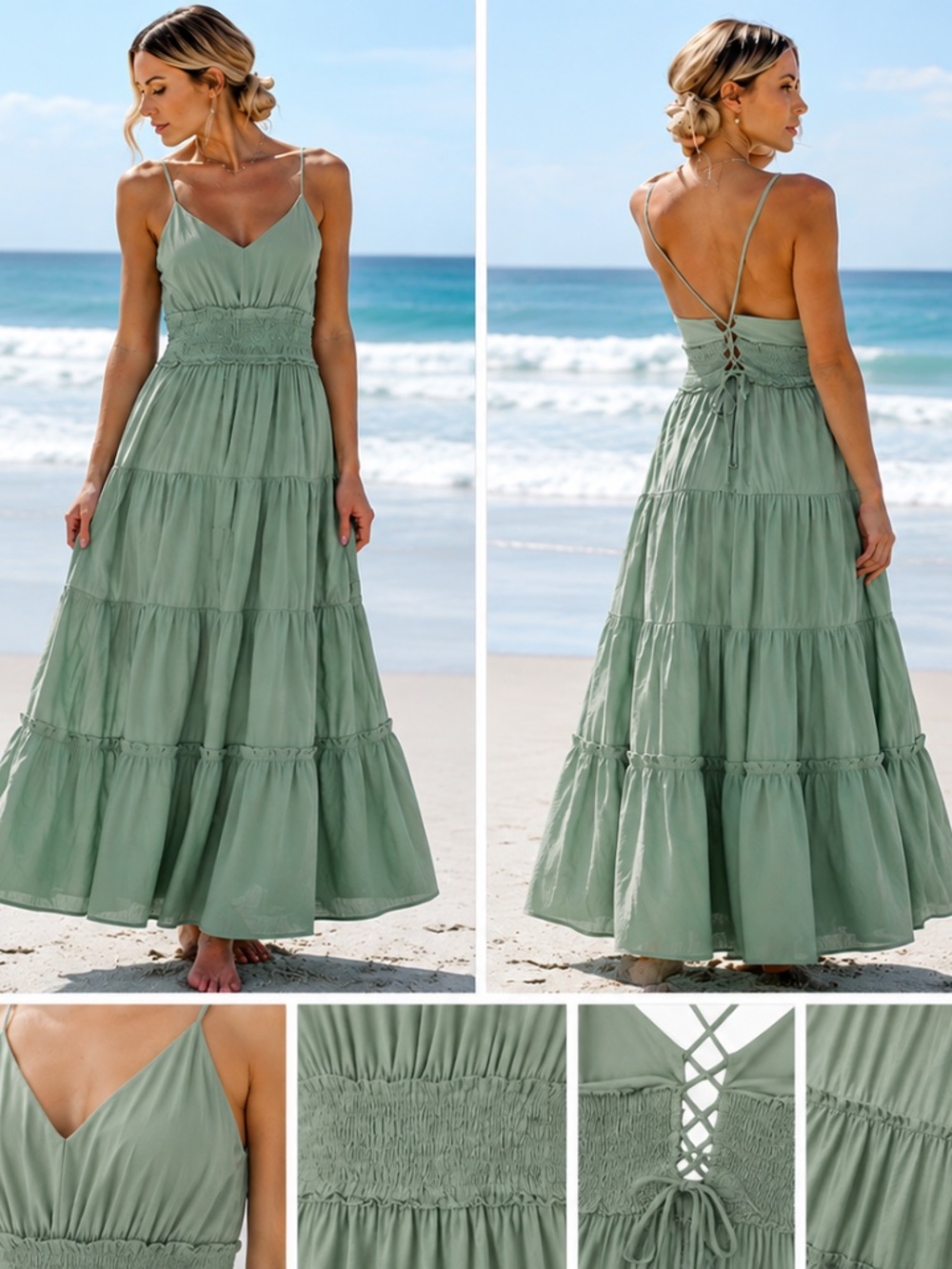 Cupshe Sage Smocked Waist Ruffled Hem Maxi Dress New with tags Size L